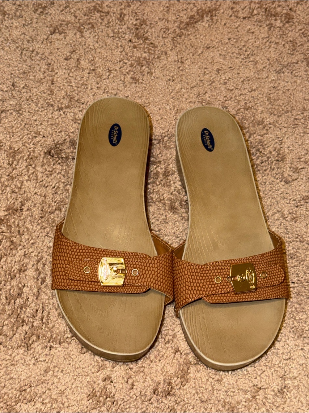 Dr. Scholl's Tan Slide Sandals with Gold Buckle
